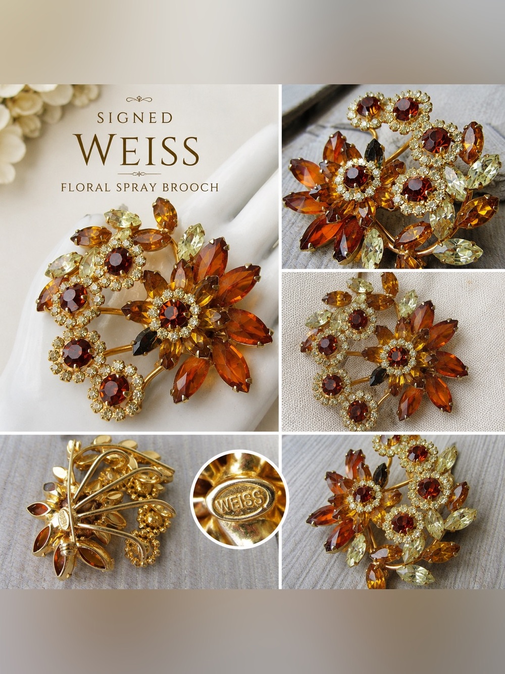 Signed Vintage Weiss Amber and Citrine Floral Spray Brooch